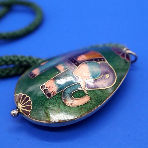 Set of 2 Cloisonne' Necklaces Elephant & Floral Pendant on Cord Vtg Estate Find - Picture 4 of 9